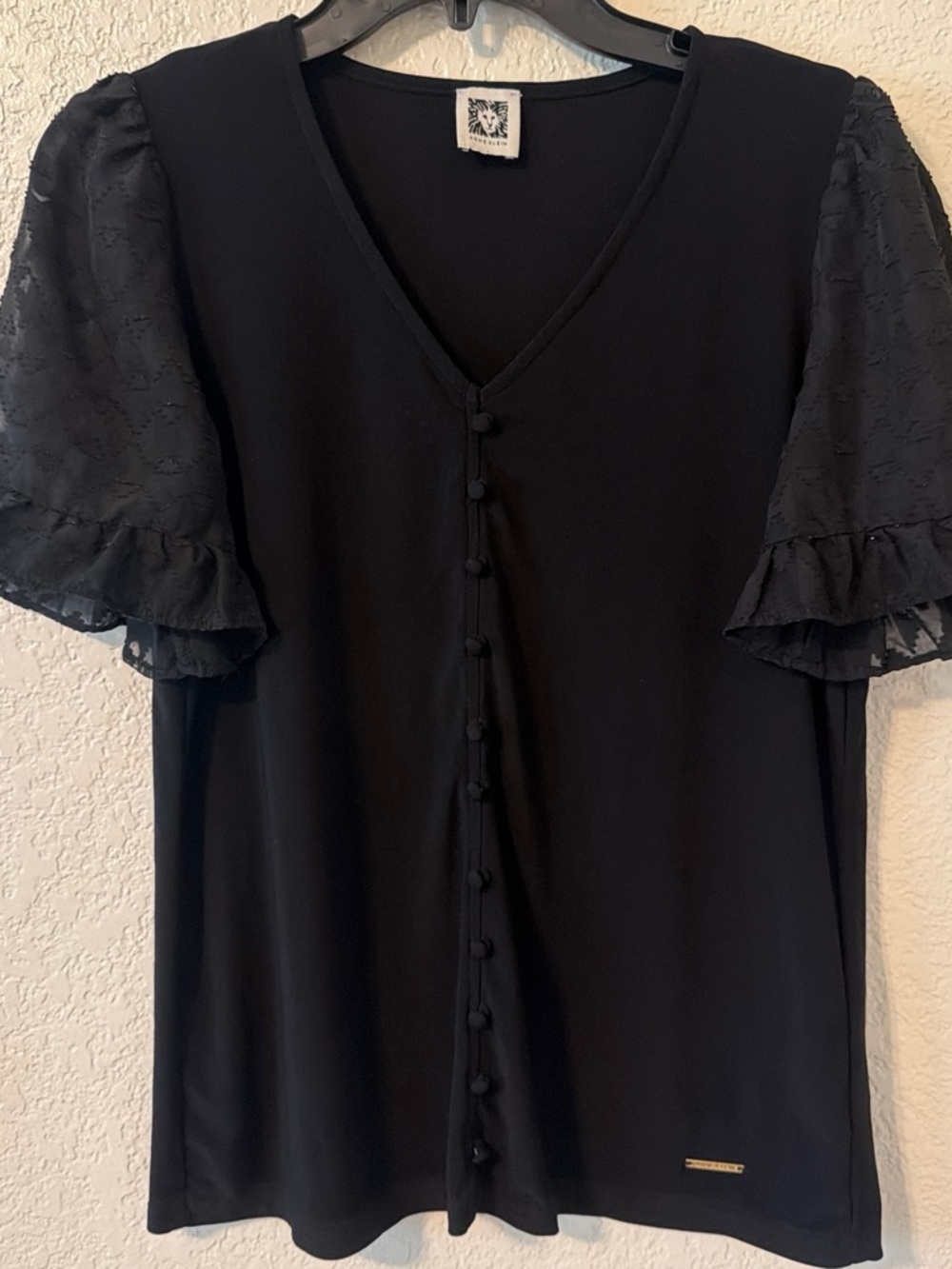 Anne Klein Black V-Neck Button-Front Blouse with Ruffle Sleeves